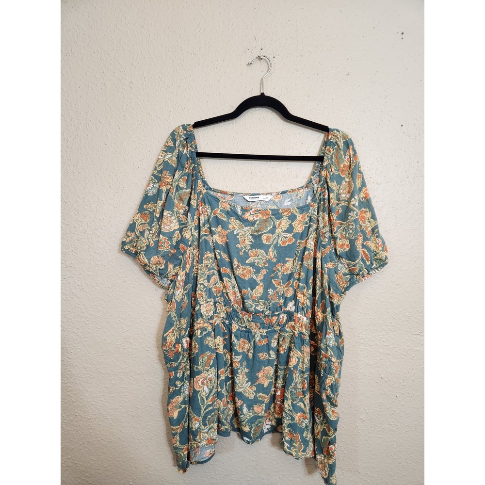 Sonoma Floral Peplum Top Teal Green Size 4X Square Neck Puff Sleeve Cotton Blend